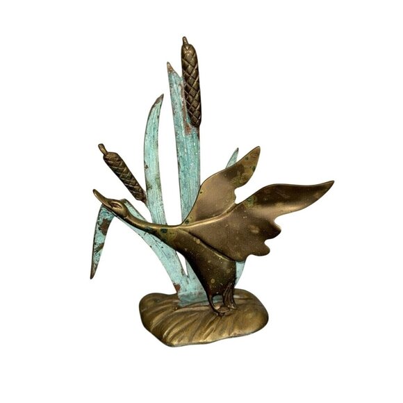Other - Vintage Brass Flying Duck Bird Goose Cattails Figurine Statue Decor Figure
